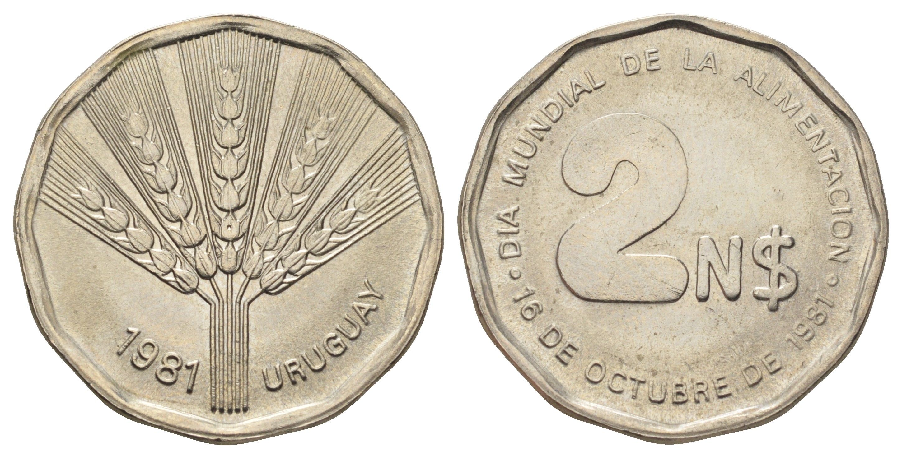 Уругвай 2 новых песо 1981 ФАО - Всемирный День Продовольствия KM 77 медь цинк никель UNC 4650-1014