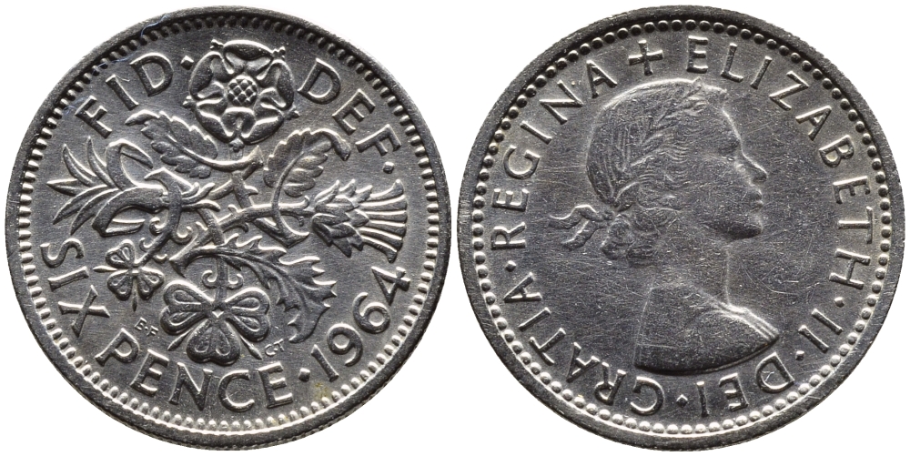 Великобритания 6 пенсов 1964 Елизавета II (1952-2022) KM 903, Spink 4149 медно-никель 4387-865