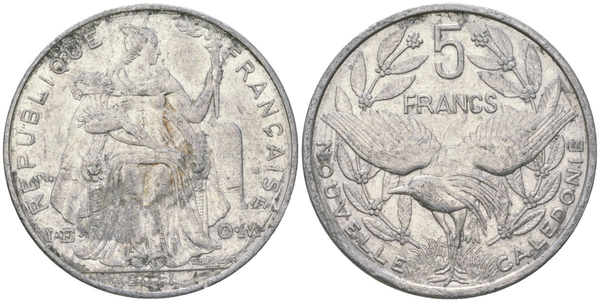 Французская Новая Каледония 5 франков 2011 птица кагу, (IEOM) KM 16, Schoen 12, Lec 81k алюминий 4111-735