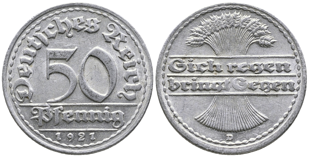 ГЕРМАНИЯ 50 ПФЕННИГОВ 1921 D KM 27, J. 301 алюминий 24-1023