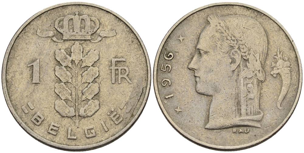 БЕЛЬГИЯ 1 ФРАНК 1956 BELGIE KM 143.1 медно-никель 4546-343