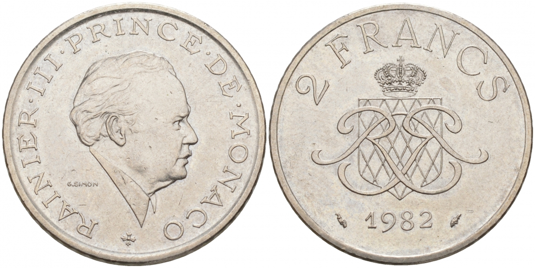 Монако 2 франка 1982 Ренье III (1949-2005) KM 1577 никель 73-1646