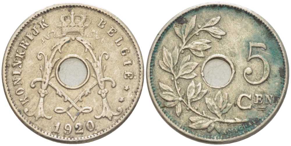 БЕЛЬГИЯ 5 САНТИМОВ 1920 BELGIE KM 67 медно-никель 211-654