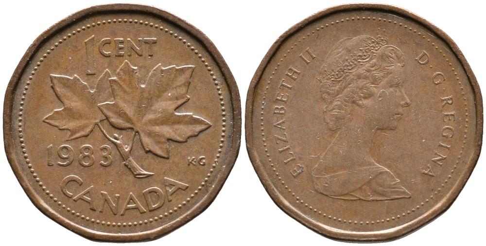 КАНАДА 1 ЦЕНТ 1983 ЕЛИЗАВЕТА II (1952-), КЛЕНОВЫЙ ЛИСТ, ВТОРОЙ ПОРТРЕТ В КОРОНЕ KM 132 бронза 4528-752