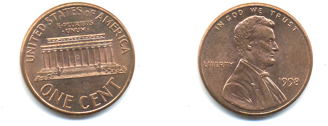 США 1 ЦЕНТ 1998 ЛИНКОЛЬН KM 201b цинк плакированный медью UNC 179-515