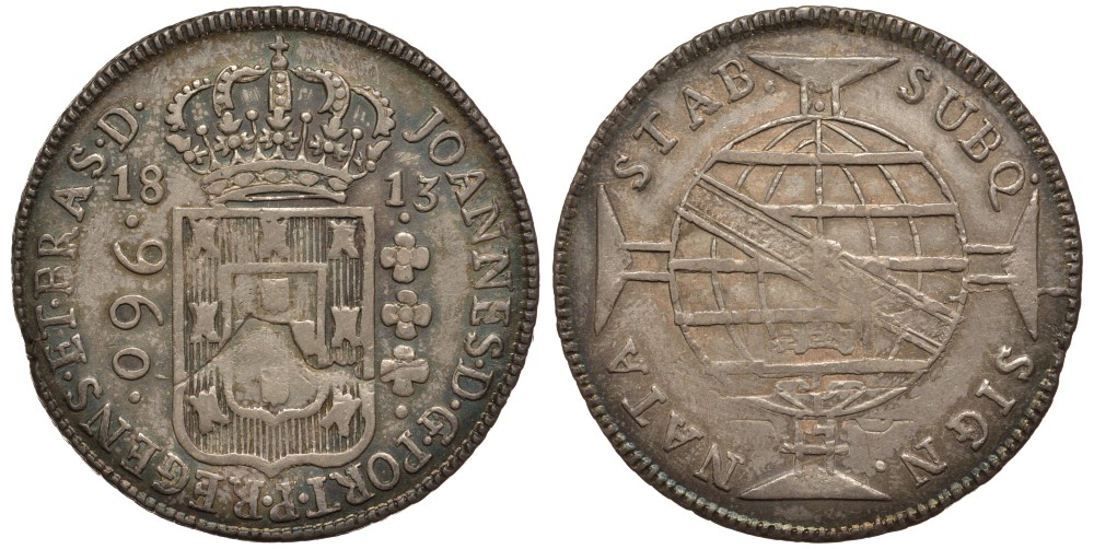 Бразилия 960 рейс 1813 В, Принц регент Жуан VI Бразильский (1799-1818), красивая голубая патина KM 307.1, Lupercio Var 22a серебро 00-803-66