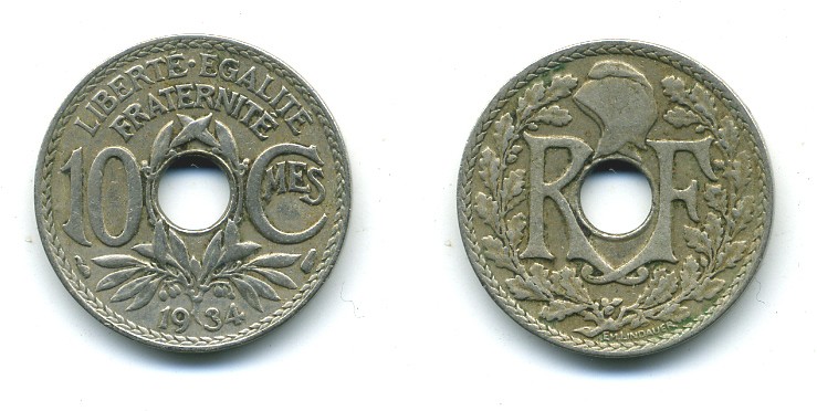 ФРАНЦИЯ 10 САНТИМОВ 1934 ТИП ЛИНДАЙЁ KM 866а медно-никель 84-338