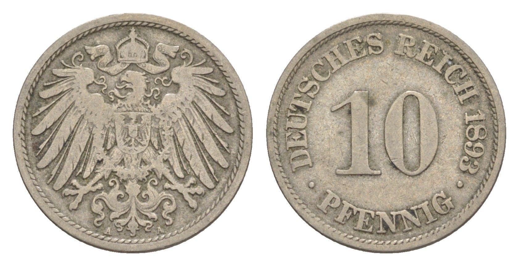 Германия 10 пфеннигов 1893 A, Вильгельм II (1888-1918) KM 12, J. 13 медно-никель 4644-1142