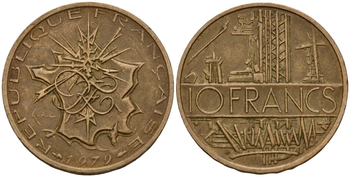 Франция 10 франков 1979 тип Матье KM 940, Le Franc 365.13-14 никель латунь 4599-341