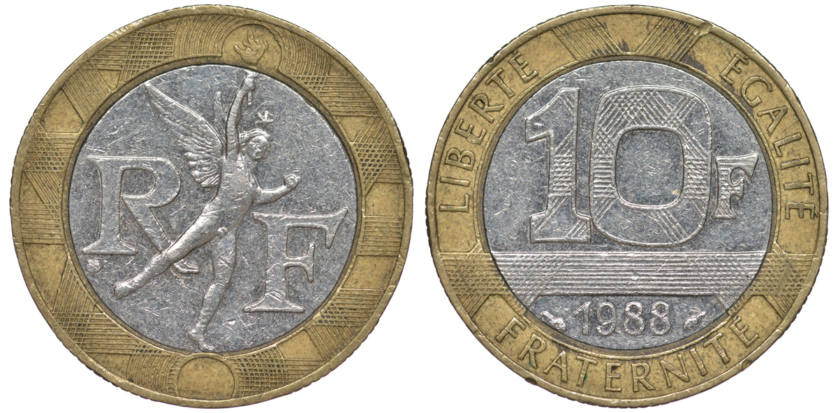 Франция 10 франков 1988 тип Гений Бастилии KM 964.1, Le Frank 375.2 биметалл 45-526