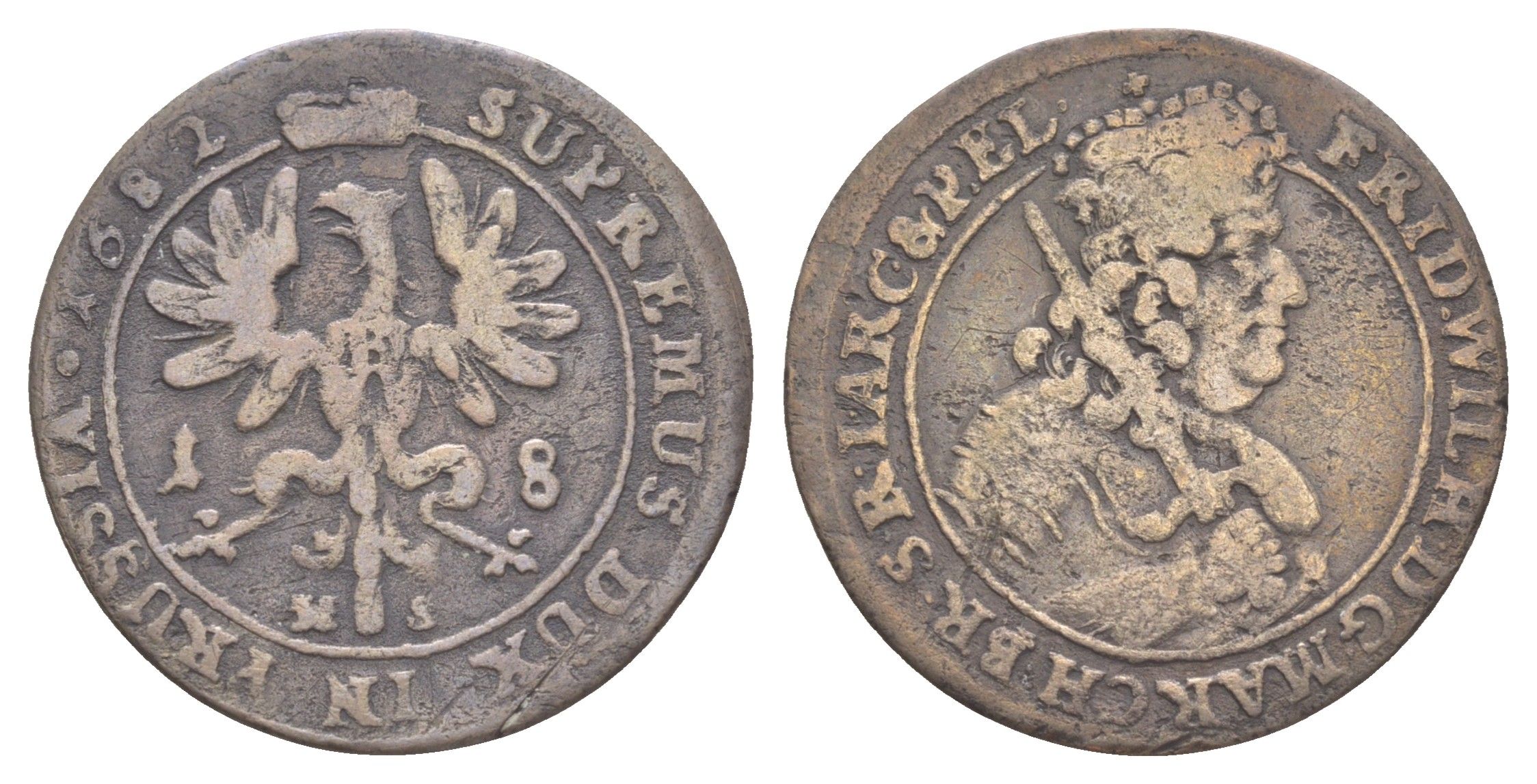 Бранденбург-Пруссия 18 грошей 1682 HS, Фридрих Вильгельм I (1640-1688) KM 468 серебро 603-1412