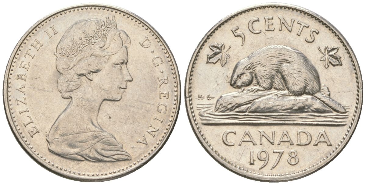 Канада 5 центов 1978 Елизавета II (1952-2022), бобр KM 60.1 никель aUNC 4617-925