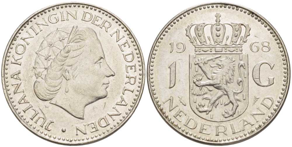 Нидерланды 1 гульден 1968 Юлиана (1948-1980) KM 184a никель 213-954