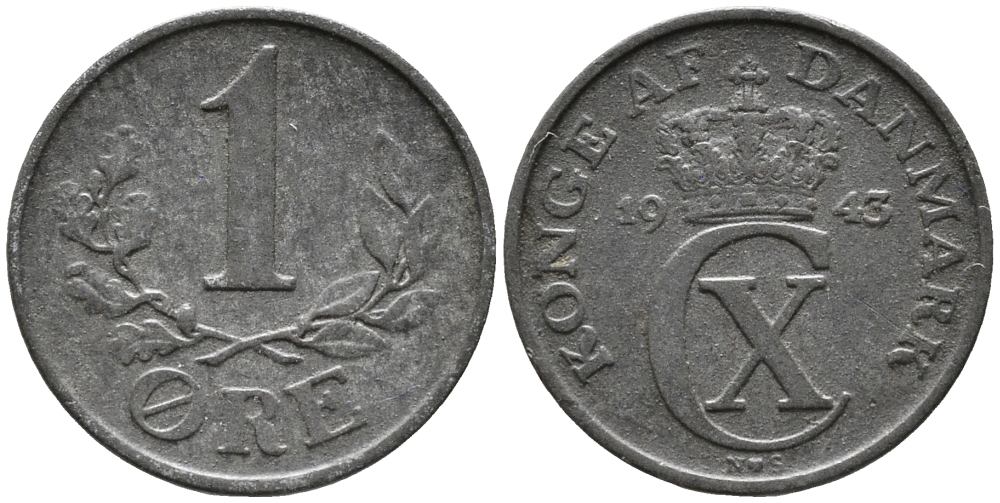 ДАНИЯ 1 ЭРЕ 1943 N; S, КРИСТИАН X (1912-1947) KM 832 цинк 100-644