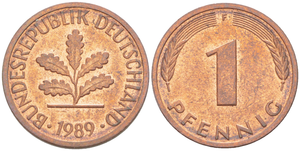 ФРГ 1 ПФЕННИГ 1989 F KM 105, J. 380 сталь плакированная медью 4181-669