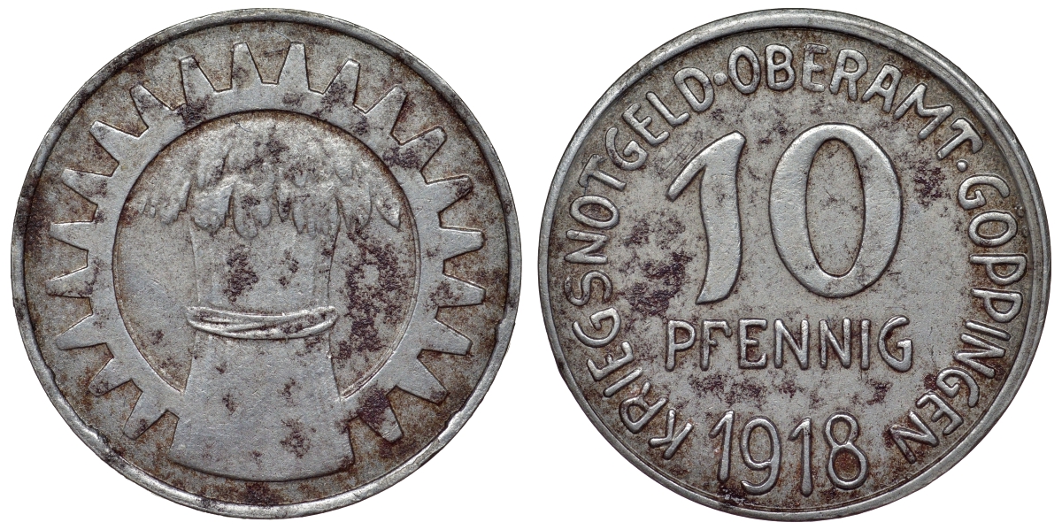 Германия, Гёппинген 10 пфеннигов 1918 Баден-Вюртемберг, нотгельд Funck 163.2a железо 4119-1137
