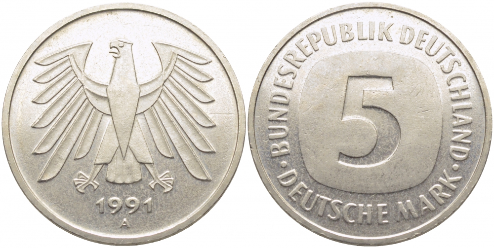 ФРГ 5 МАРОК 1991 A, J. 415, KM 140.1 медно-никель плакированный никелем 109-913