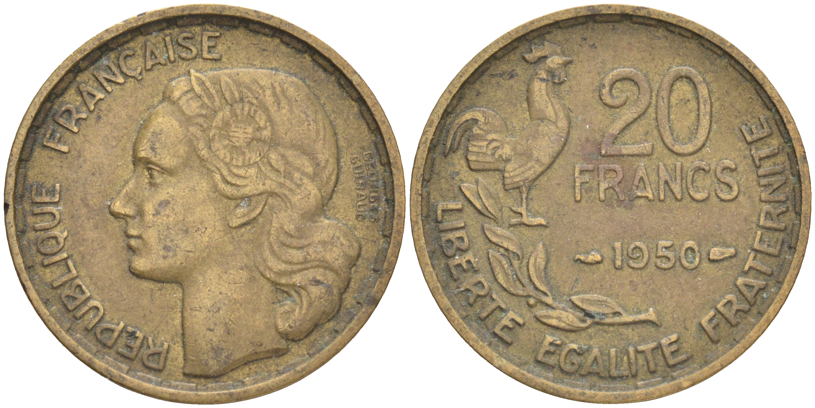 ФРАНЦИЯ 20 ФРАНКОВ 1950 3 ПЕРА, ПОЛНАЯ ПОДПИСЬ KM 916.1, LE FRANC 401.1 алюминиевая бронза 4556-152