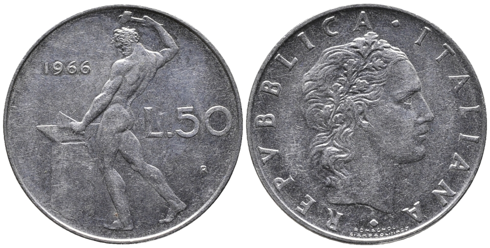 ИТАЛИЯ 50 ЛИР 1966 R, БОГ ОГНЯ ВУЛКАН У НАКОВАЛЬНИ KM 95.1 нержавеющая сталь 34-1254