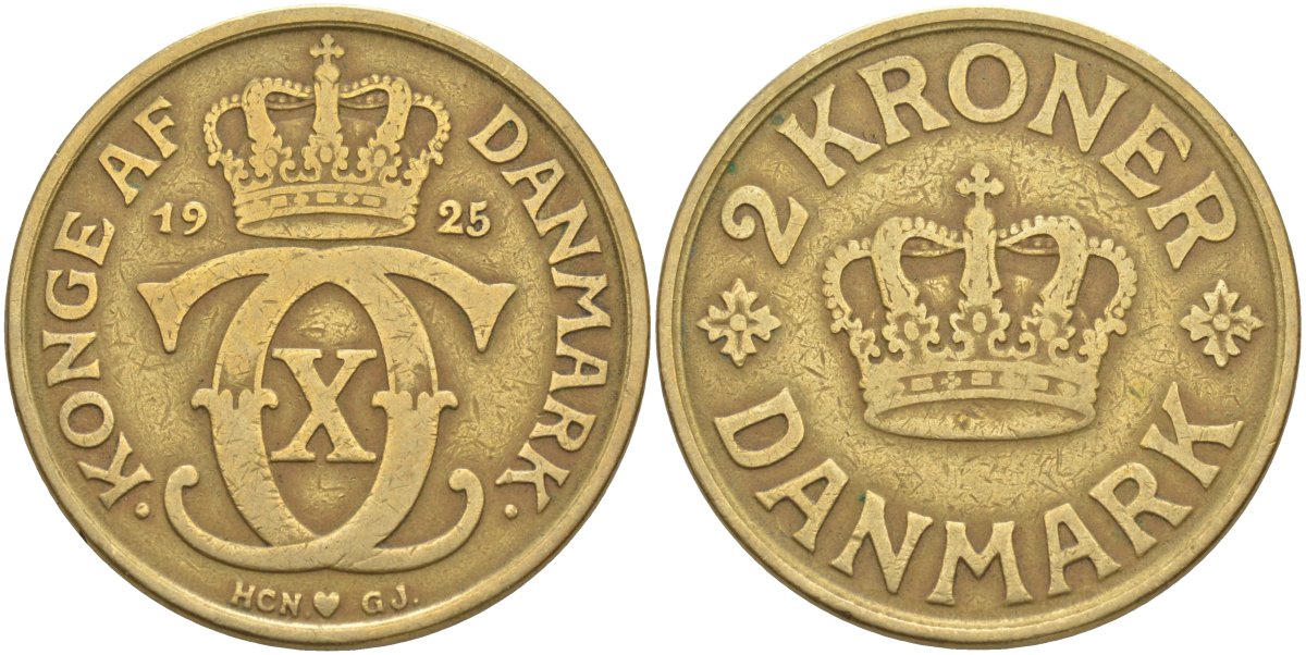 Дания 2 кроны 1925 HCN; GJ, Кристиан X (1912-1947) KM 825.2 алюминиевая бронза 4111-426