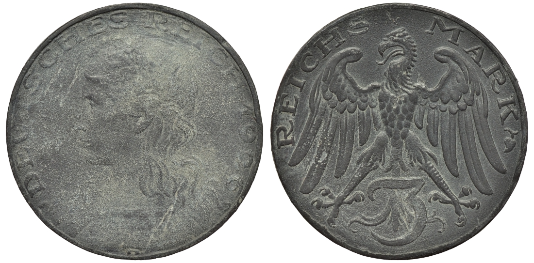 Германия 3 марки 1925 D, пробная / проба, медальер Карл Гетц, диаметр 30,24 мм, вес 14,0 г цинк 00-817-03