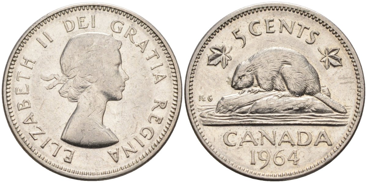 Канада 5 центов 1964 Елизавета II (1952-), бобр KM 57 никель 4586-636
