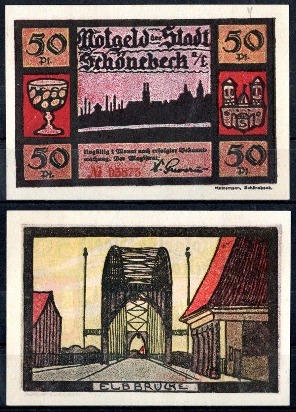 Шёнебек-на-Эльбе (Пруссия, Саксония) 50 пфеннигов 1921 Mehl Grabowski 1196.1a-4/5 бумага UNC (пресс) 7553-23-3-2
