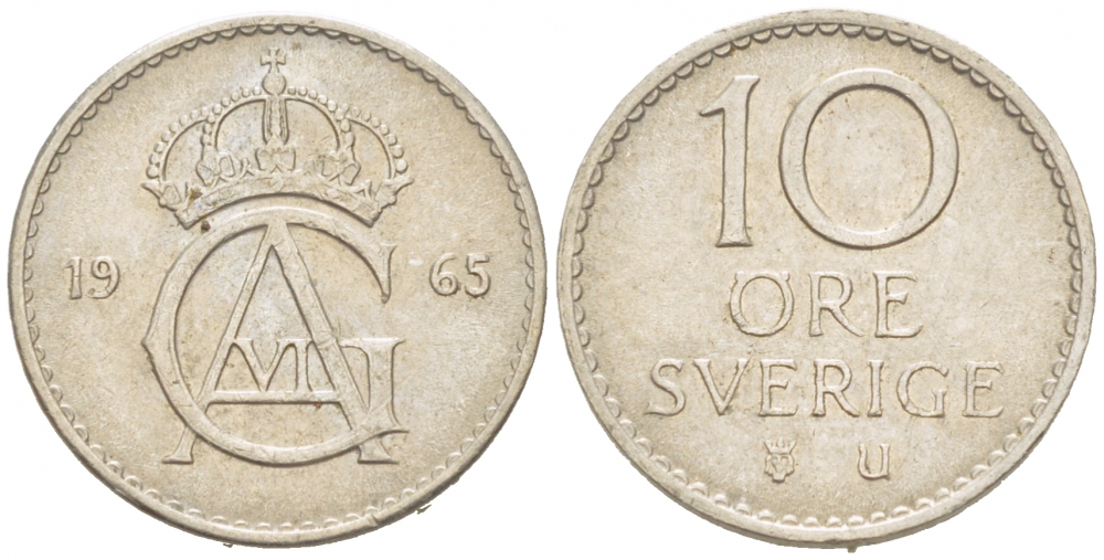 Швеция 10 эре 1965 U, Густав VI Адольф (1950-1973) КМ 835 медно-никель 3955-323