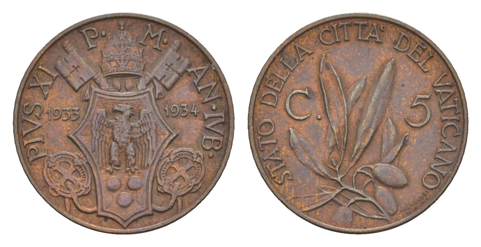 Ватикан 5 чентезимо 1934 Пий XI (1922-1939) KM 1 бронза 603-325