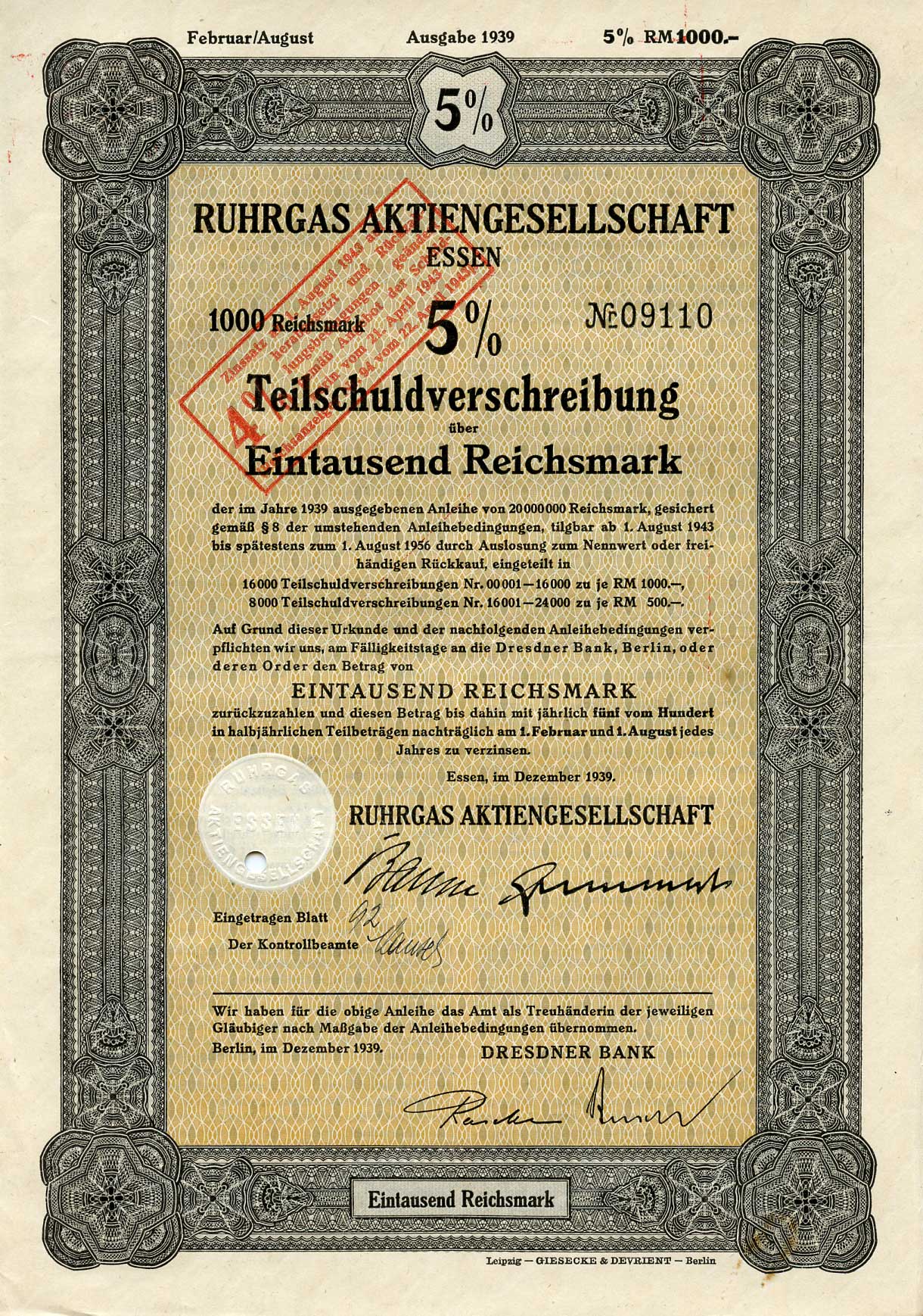 Германия 1000 рейхсмарок 1939 Акционерное общество Рургас Эссен, 5% -ное частичное долговое обязательство с маркой конвертации под 4% -ную процентную ставку, облигация   бумага   8804-23-1