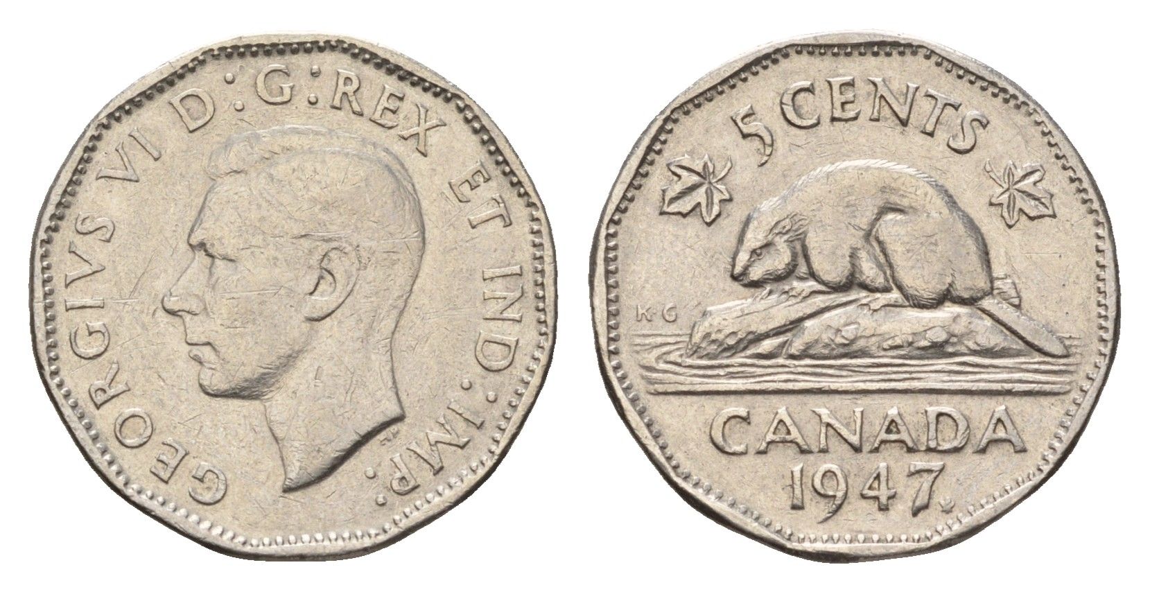 Канада 5 центов 1947 бобр Dot, Георг VI (1936-1952) KM 39a никель 4679-659