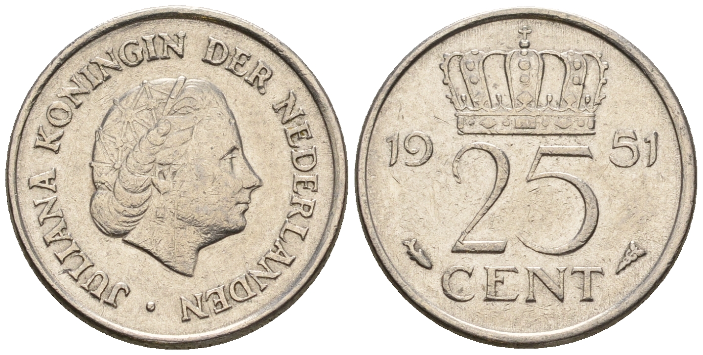 Нидерланды 25 центов 1951 Юлиана (1949-1980) KM 183 никель 220-546