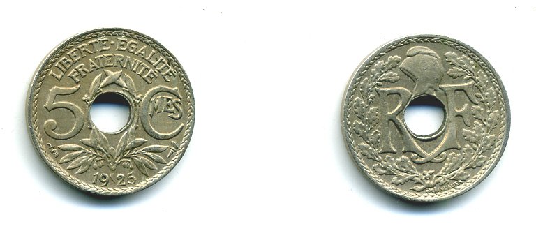 ФРАНЦИЯ 5 САНТИМОВ 1925 ТИП ЛИНДАЙЁ KM 875 медно-никель 23-912