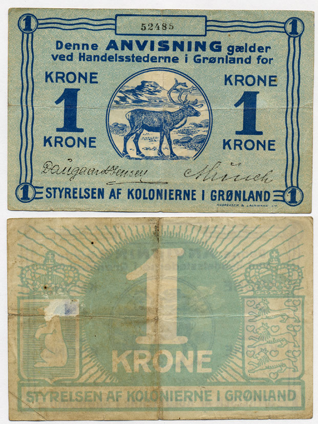 Гренландия 1 крона 1913 Министерство колоний в Гренландии (Styrelsen af Kolonierne i Greenland), северный олень на фоне гор Pick 13 b бумага 451-3-2