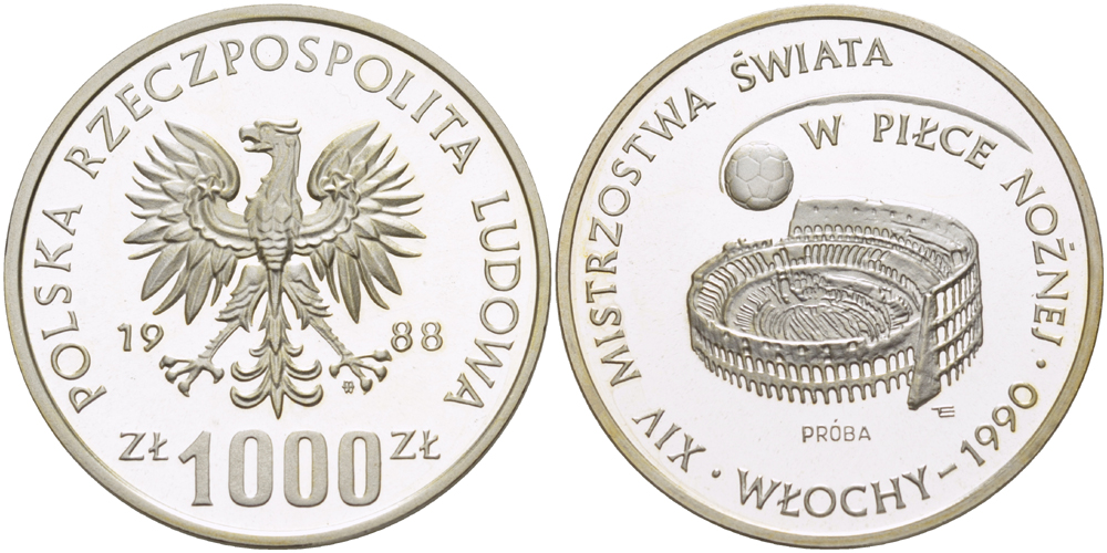 Польша 1000 злотых 1988 MW, чемпионат мира по футболу в Италии 1990 года, стадион, PROBA, тираж 7000 экземпляров KM Pr 581, Parchimowicz P.496a серебро PROOF 1085-2-31