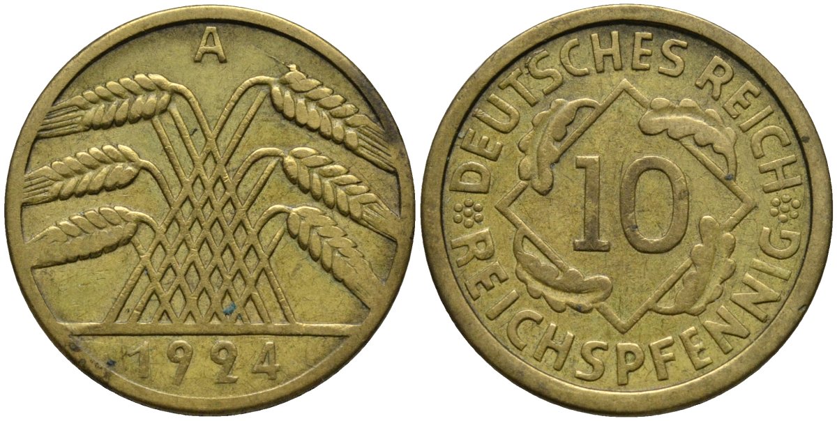 Германия 10 рейхспфеннигов 1924 A KM 40 алюминиевая бронза 4171-323