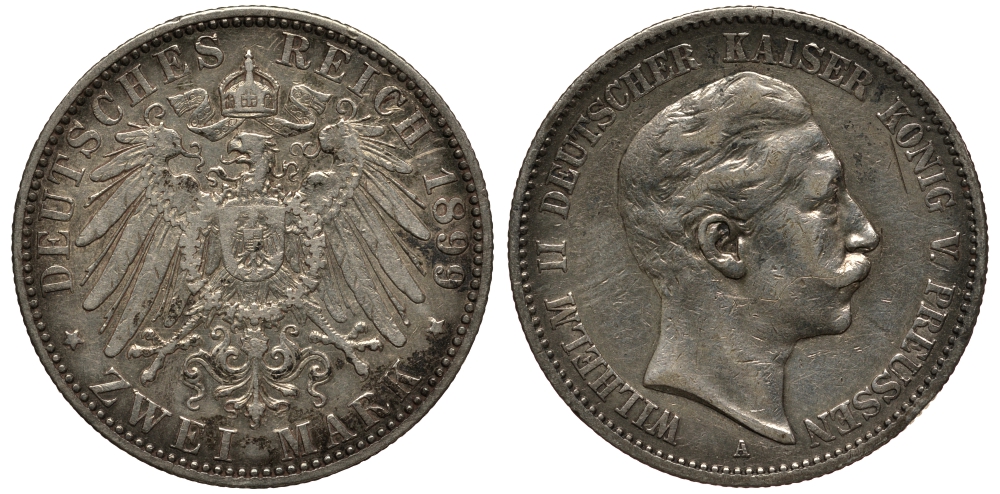 Пруссия 2 марки 1899 A, Вильгельм II (1888-1918) J.102, Weege 101, KM 522 серебро 3711-713