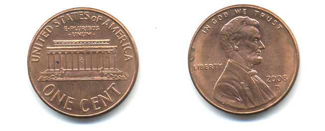 США 1 ЦЕНТ 2008 D ЛИНКОЛЬН KM 201b цинк плакированный медью 86-531