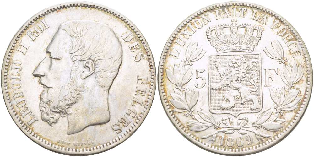 Бельгия 5 франков 1869 Леопольд II (1865-1909) KM 24 серебро 4184-615