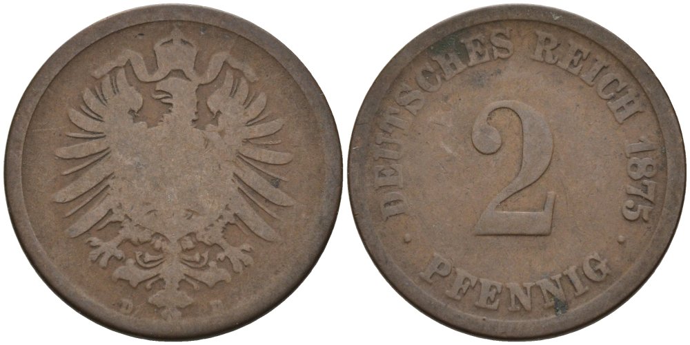 Германия 2 пфеннига 1875 D, старогербовка KM 2, J. 2 медь 4575-647