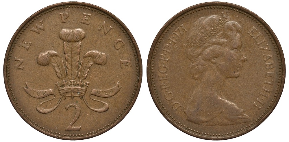 Великобритания 2 пенса 1971 Елизавета II (1952-2022) KM 916, Spink 4235 (C1) бронза 186-842