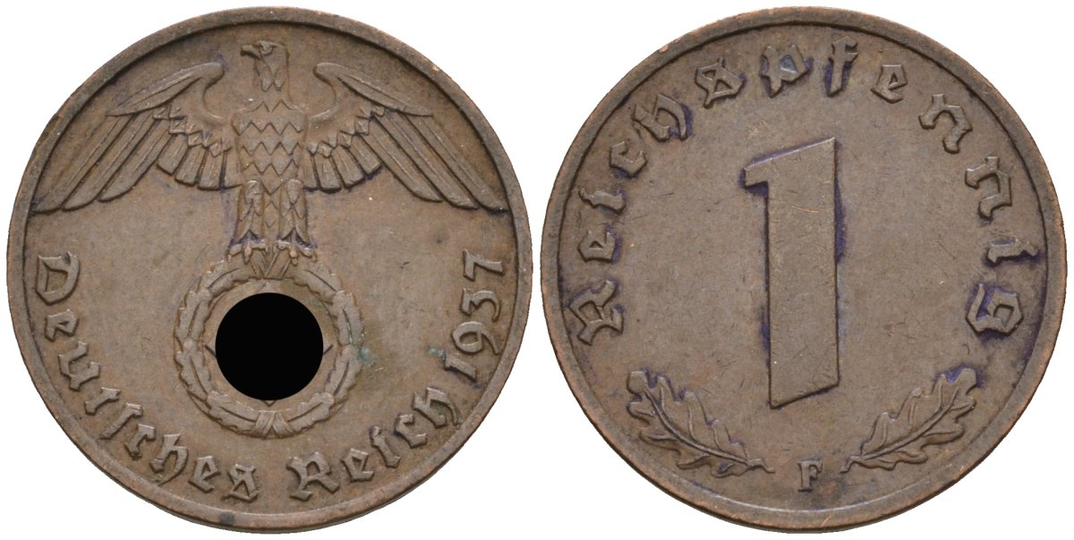 Германия 1 рейхспфенниг 1937 F KM 89, J 361 бронза 4136-1154
