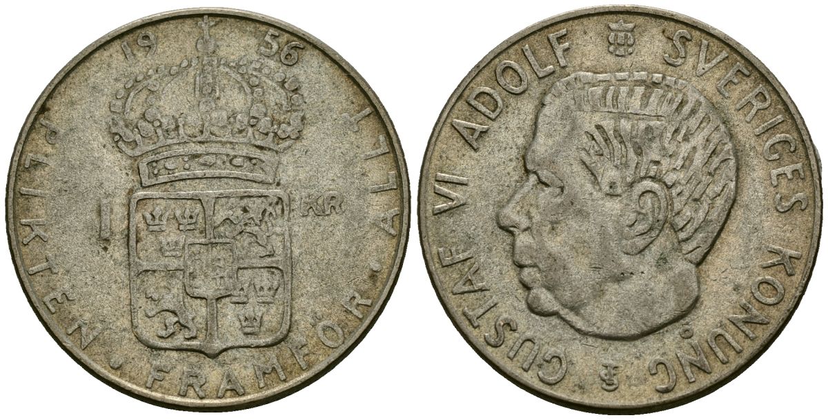 Швеция 1 крона 1956 TS, Густав VI Адольф (1950-1973) KM 826 серебро 4177-1012