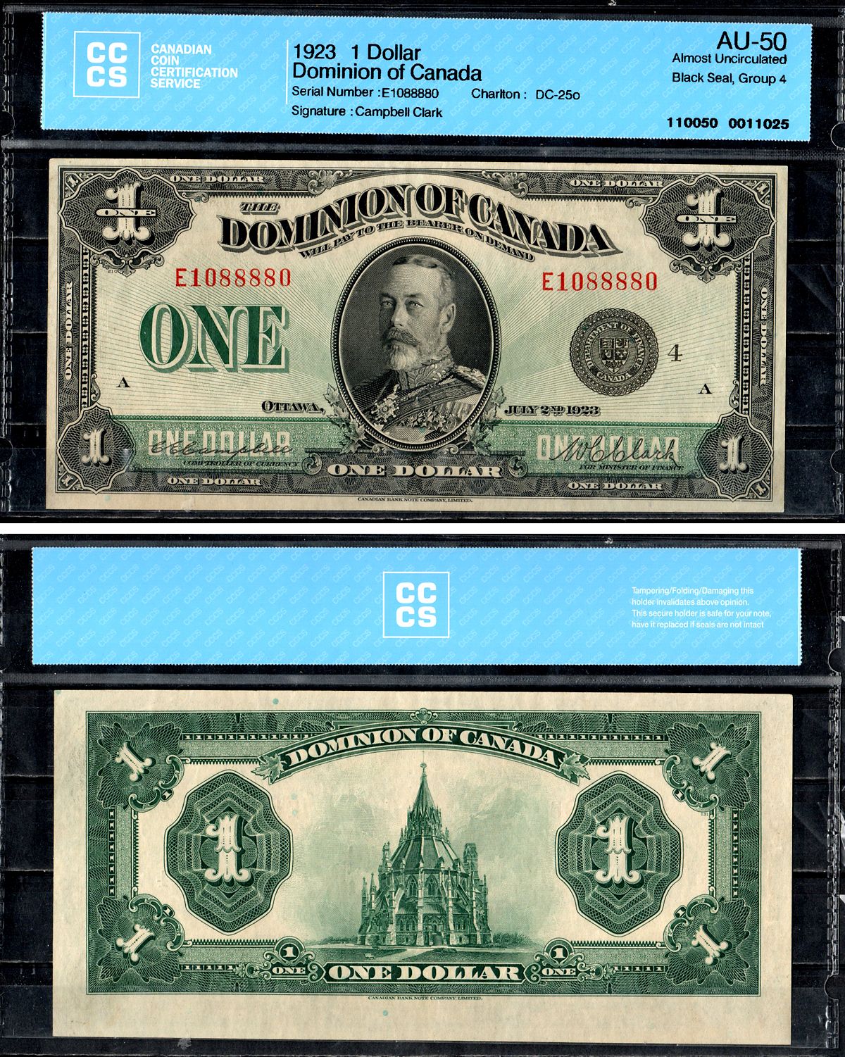 Канада 1 доллар 1923 в слабе CCGS (Canadian Coin Certification Service) AU-50, черная печать, блок номер 4, префикс серийного номера E, подписи: Кэмпбелл и Кларк Pick 33 o бумага aUNC 452-2-100