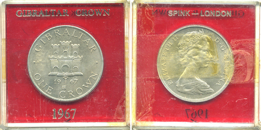 Гибралтар 1 крона 1967 Елизавета II (1952-2022), старый замок, в оригинальной пластиковой коробке, первый год чекана KM 4 медно-никель UNC 6-6-1-5