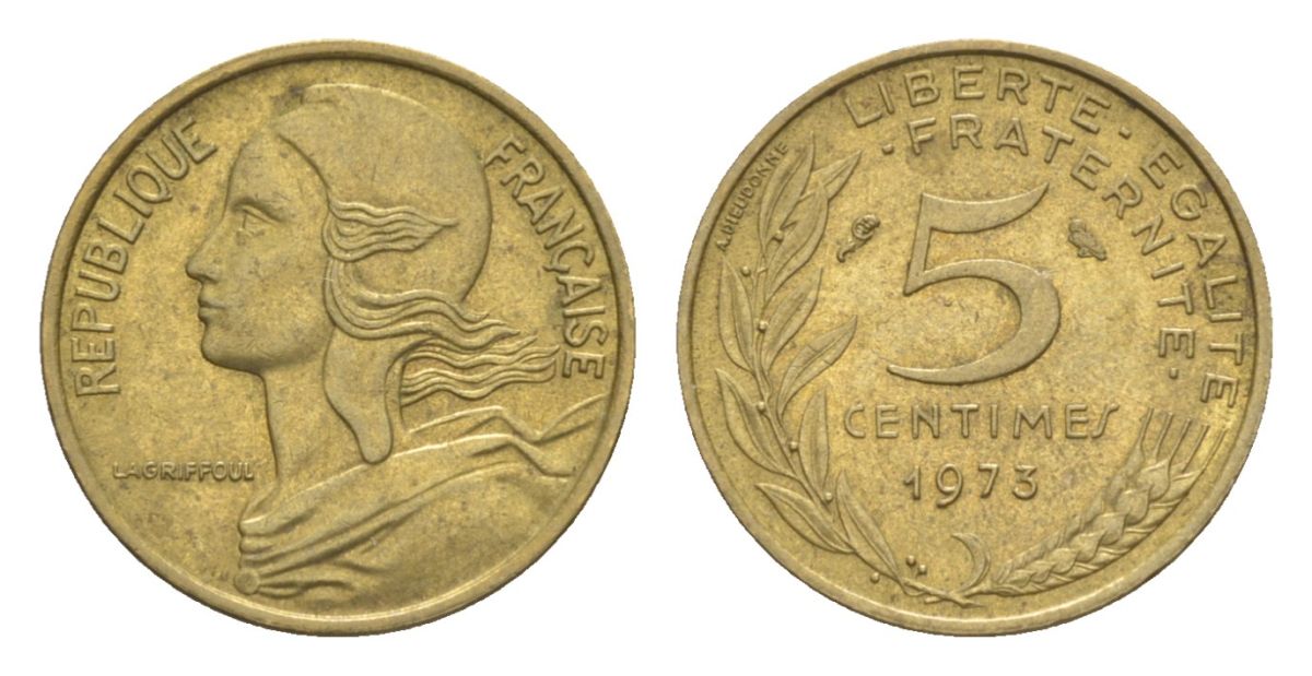 Франция 5 сантимов 1973 тип Morlon KM 933, Le Franc 125.9 алюминиевая бронза 4630-326