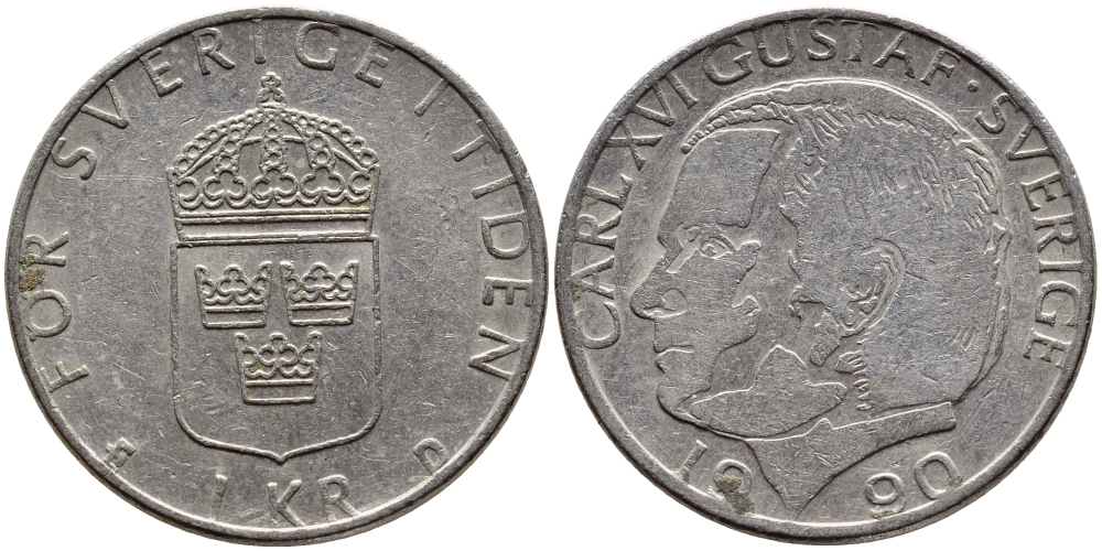 Швеция 1 крона 1990 Карл XVI Густав (1973- ) KM 852a медно-никель 4398-1247