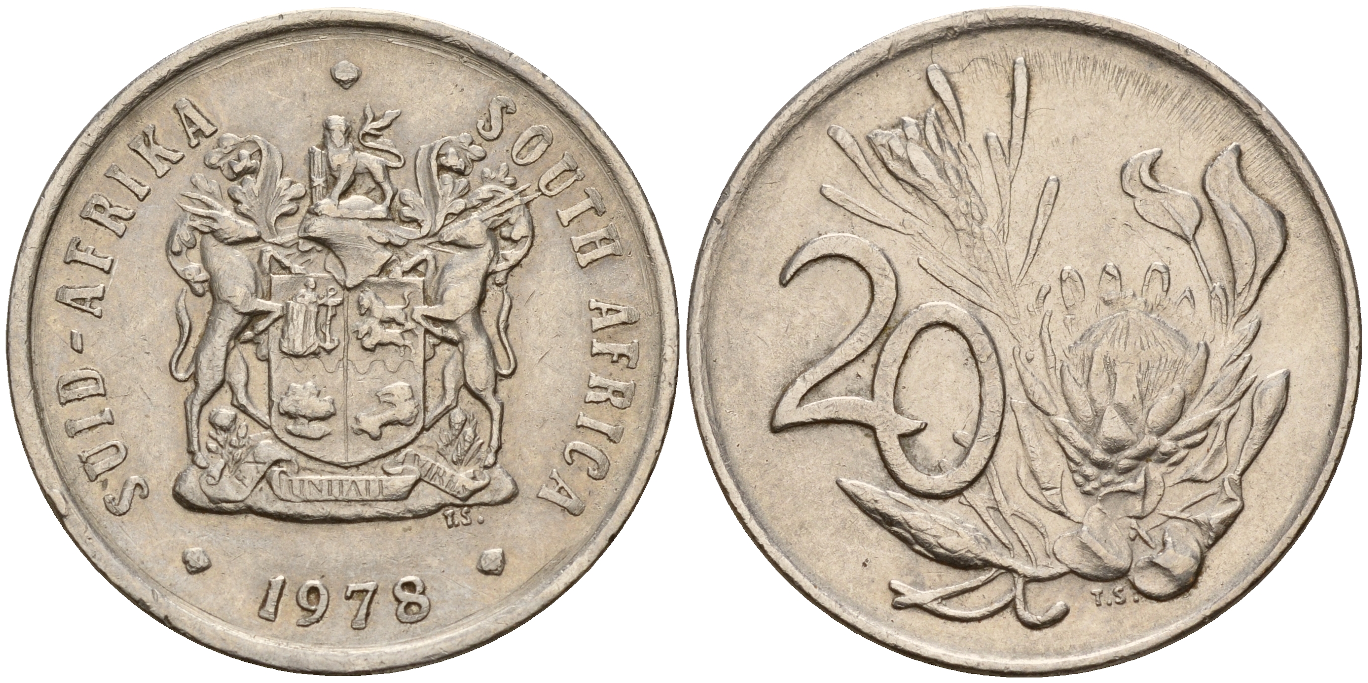 ЮАР 20 центов 1978 герб, цветок протея KM 86  никель    4601-911
