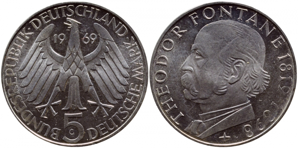 ФРГ 5 марок 1969 G, 150 лет со дня рождения Теодора Фонтана J. 399, KM 125.1 серебро UNC 1520-1243