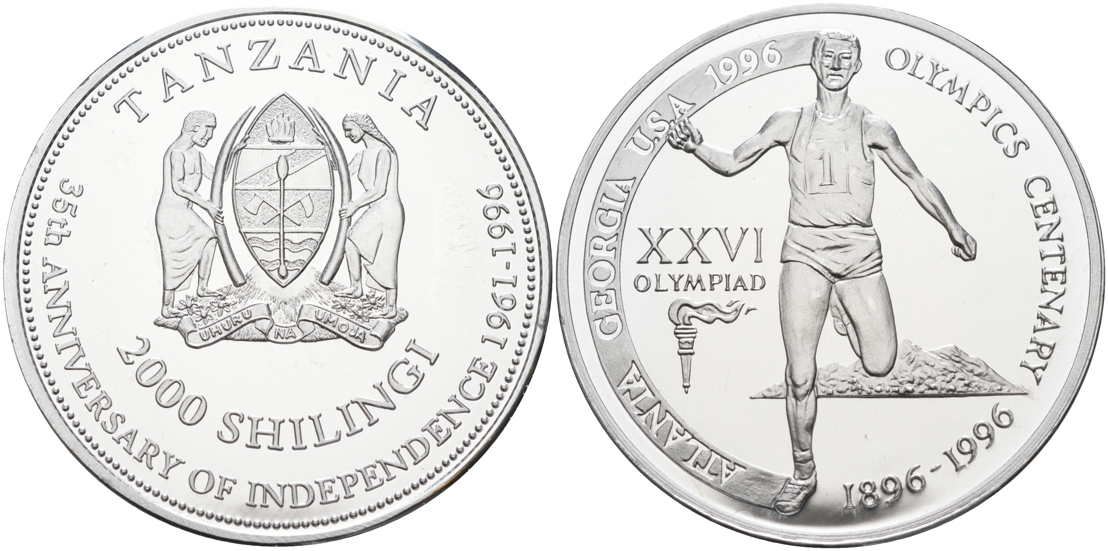 Танзания 2000 шиллингов 1996 XXVI Олимпийские игры 1996 года в Атланте, 100 лет Олимпийскому движению, финиш пробник, гладкий гурт алюминий PROOF 06-156-35
